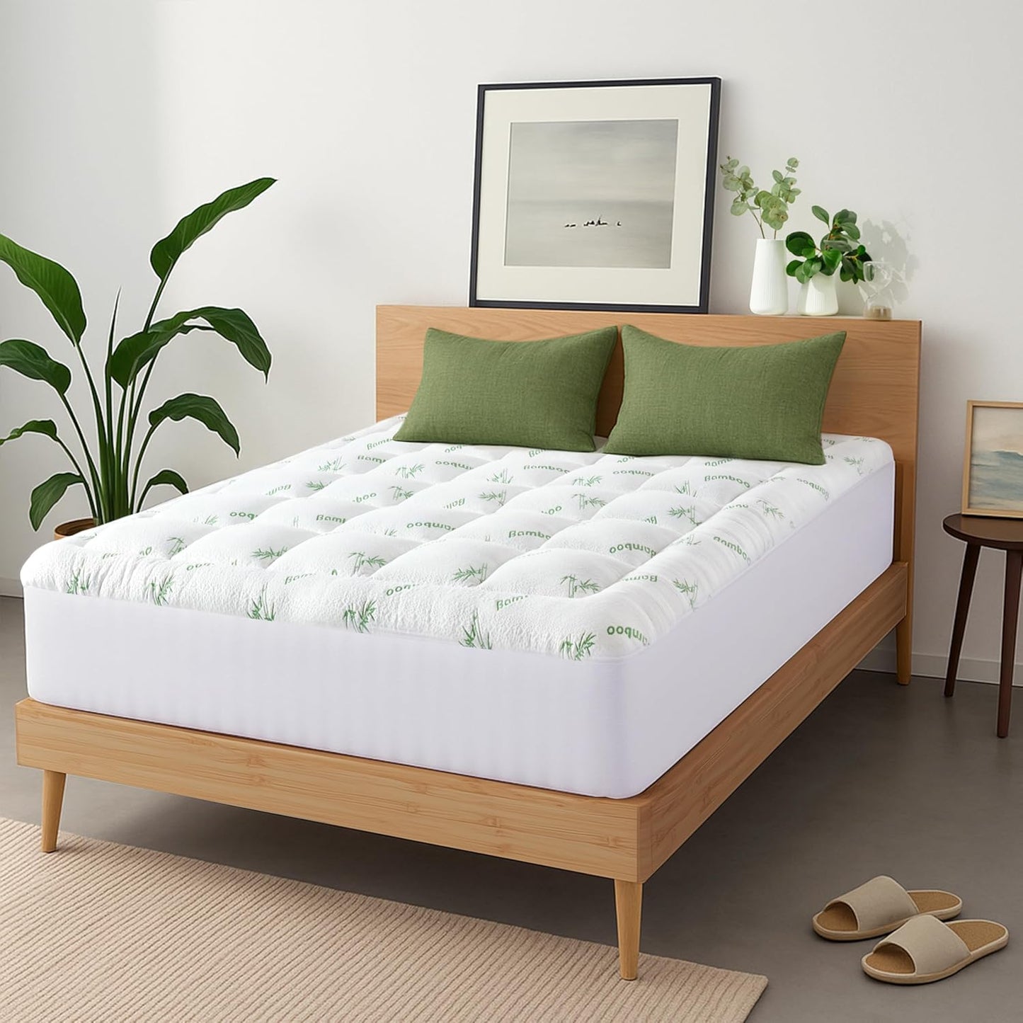 Ultra Soft Full Size Mattress Topper - Bamboo Pillow Top for Back Pain Relief | Naturally Cooling, Green