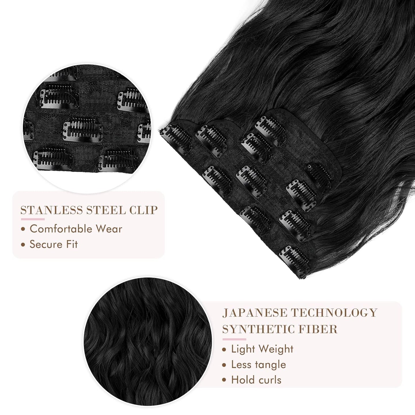 REECHO Clip-In Hair Extensions - 4PCS Natural Soft Synthetic Hairpieces for Women | Black