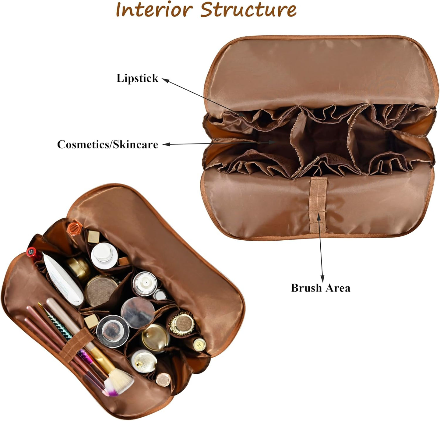 Travel Makeup Bag - Waterproof Stand-Up Cosmetic Organizer with Brush Holders | Large Brown Design for Skincare & Toiletries