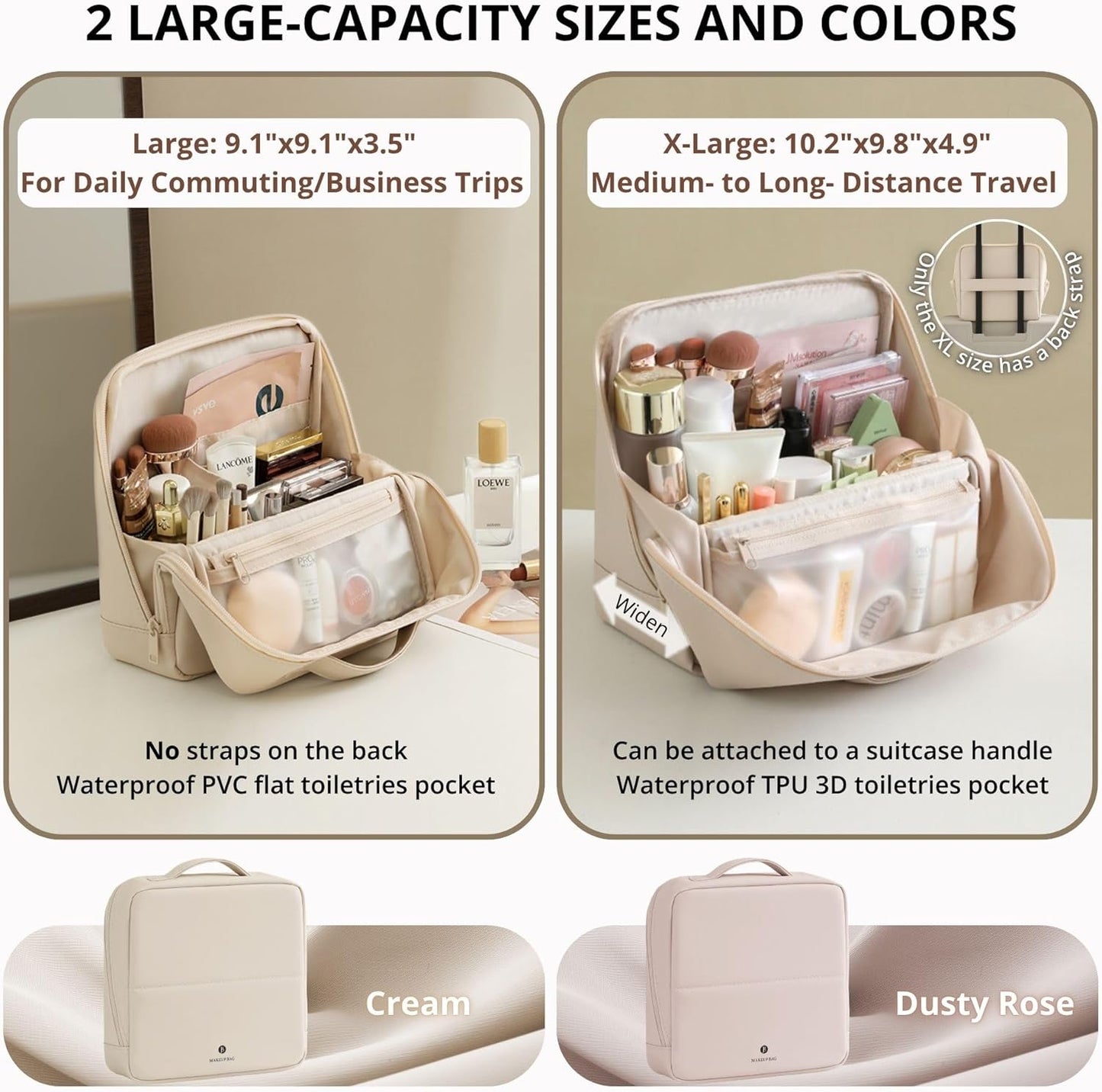 Travel Makeup Bag - Waterproof Leather Cosmetic Organizer for Women | Multi-Zone Storage, Cream, X-Large