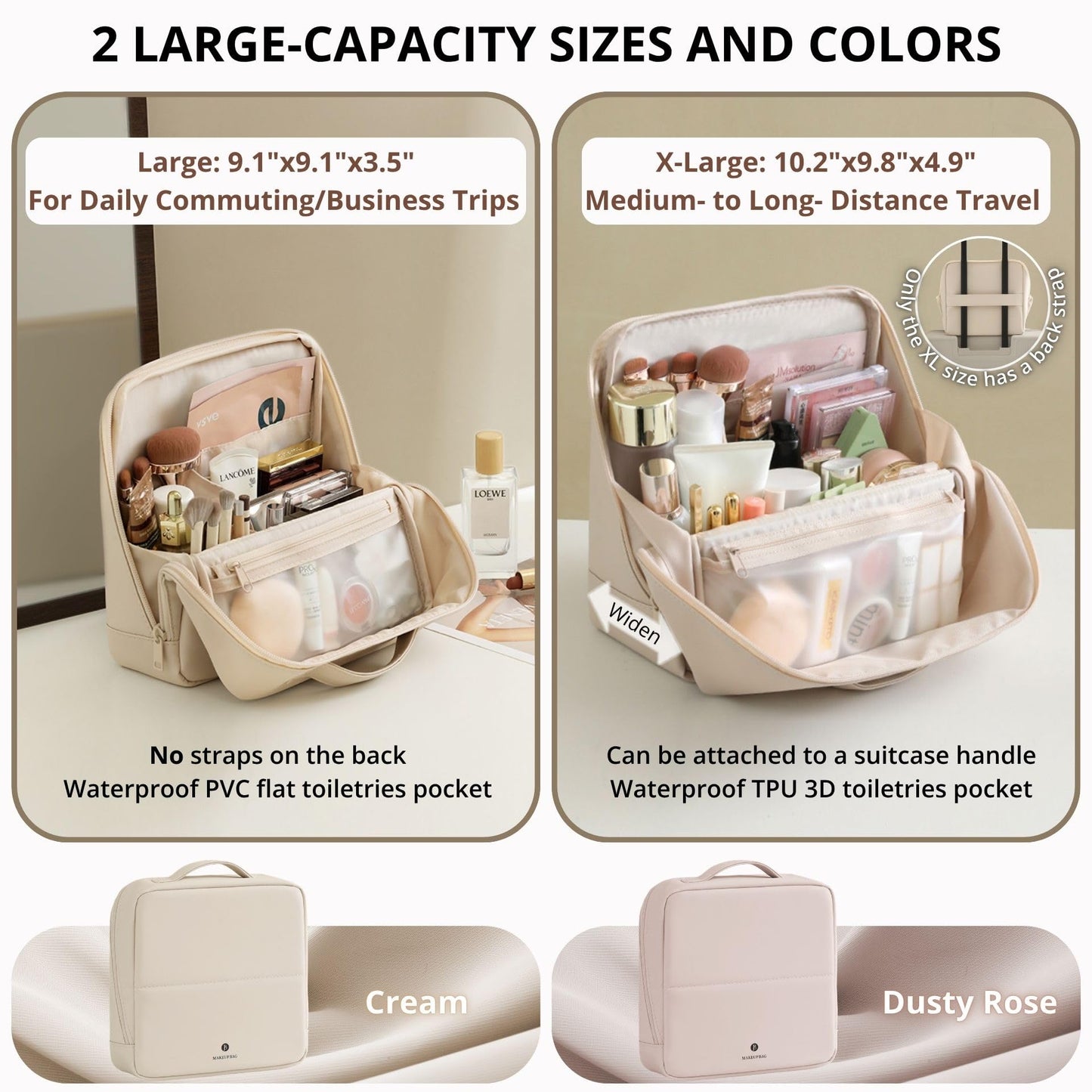 tianzong Travel Makeup Bag with Magnetic Fold-Down Flap, Waterproof Leather Cosmetic and Toiletry Organizer for Women, Multi-Zone Standing Storage, Cream, Large
