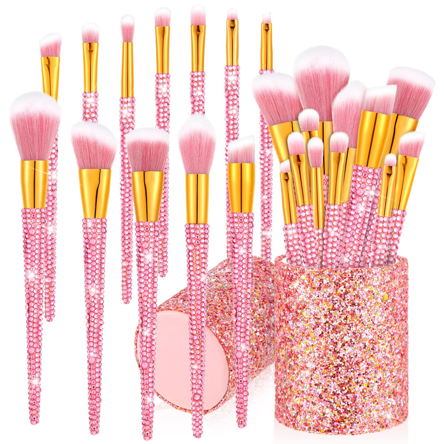 Rtteri 13 Pcs Rhinestone Pink Makeup Brushes Set Yellow Bling Crystal Professional Face Cosmetics Blending Liquid Foundation Powder Concealer Eye Shadows Make up Beauty Tool Glitter with Holder
