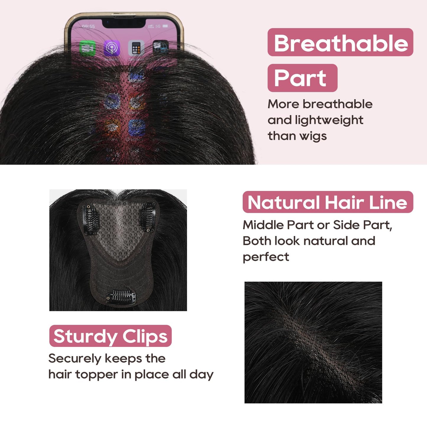 REECHO 10" Real Human Hair Topper for Women with Thinning Hair, Breathable Clip-in Crown Hairpiece for Instant Volume and Grey Root Coverage, Natural Looking Real Hair Toppers Wiglett