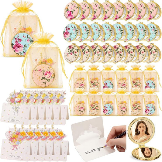 Floral Compact Mirror Set - 12 Vintage Makeup Mirrors for Tea Party Favors | Peony & Gold Edge