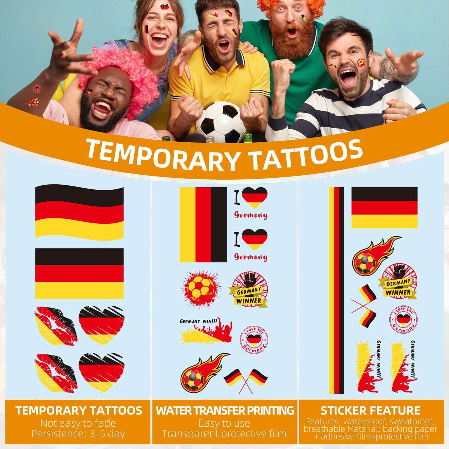 2026 World Cupfor Temporary Tattoos & St Patrick's Day Tattoos, 16PCS 12CM×6CM National Flag Stickers for Fans (Germany)