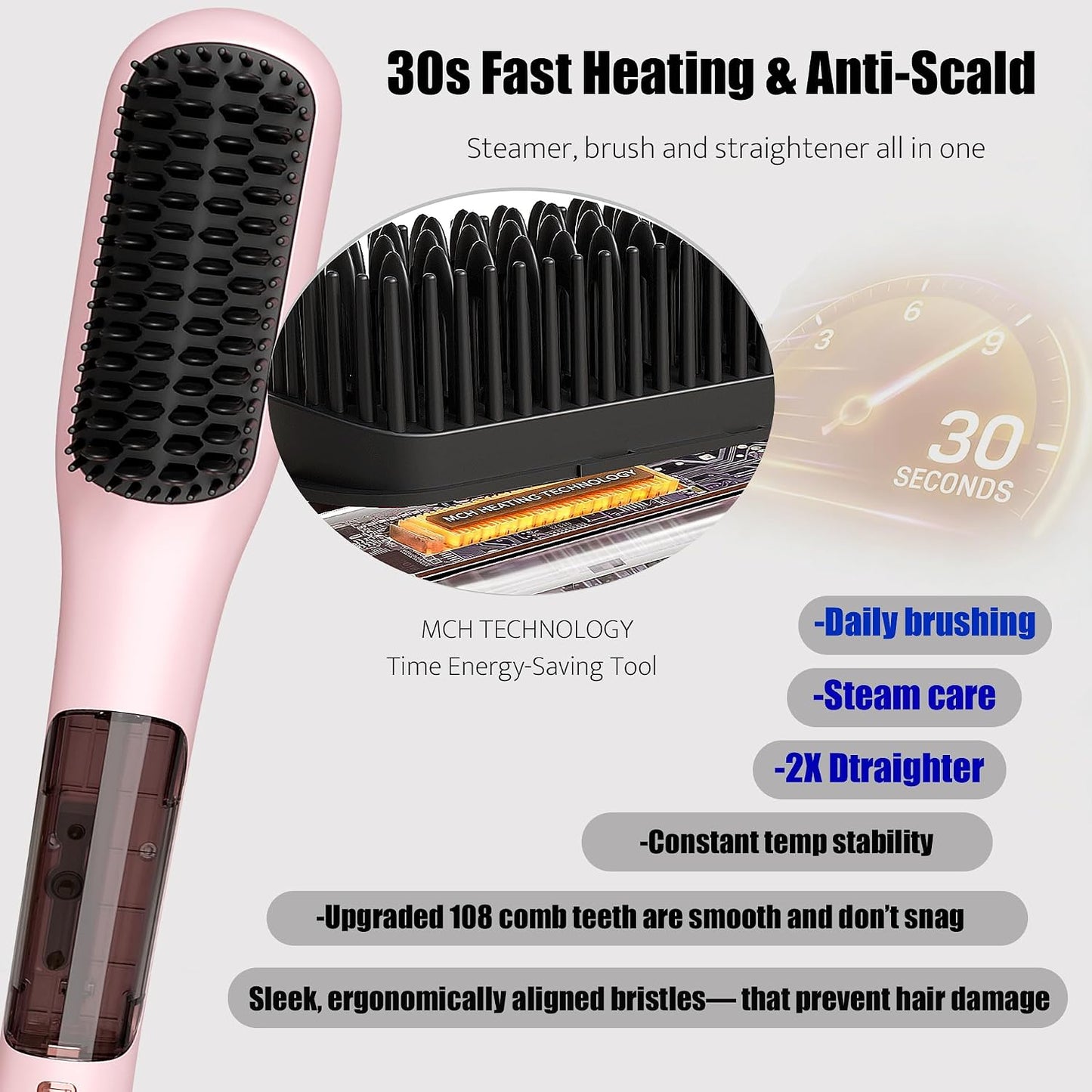 Steam Hair Straightener Brush - 3-in-1 Anti-Frizz Tool for Curly, Thick & Short Hair | Dual Voltage, Reduced Heat Damage