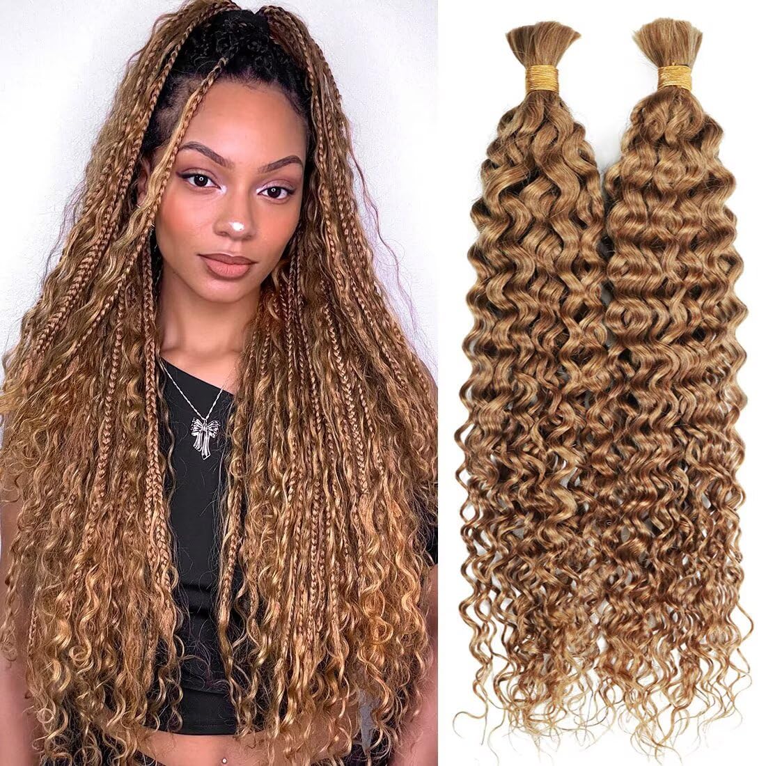 Unprocessed Human Hair for Braiding - #4/27 Brown with Honey Blonde Highlights | 18 Inch 150g Curly Bulk Hair Extensions
