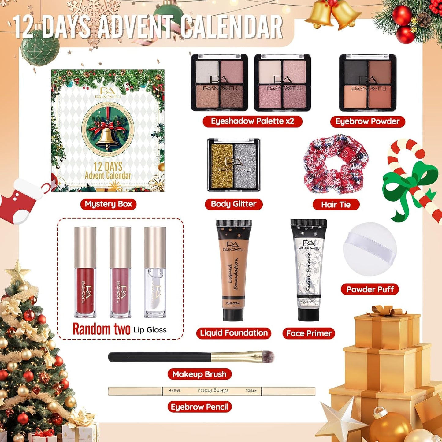 Makeup Advent Calendar 2025 - 12 Days of Surprises for Women & Teens | Holiday Countdown with Eyeliner & Lip Oil