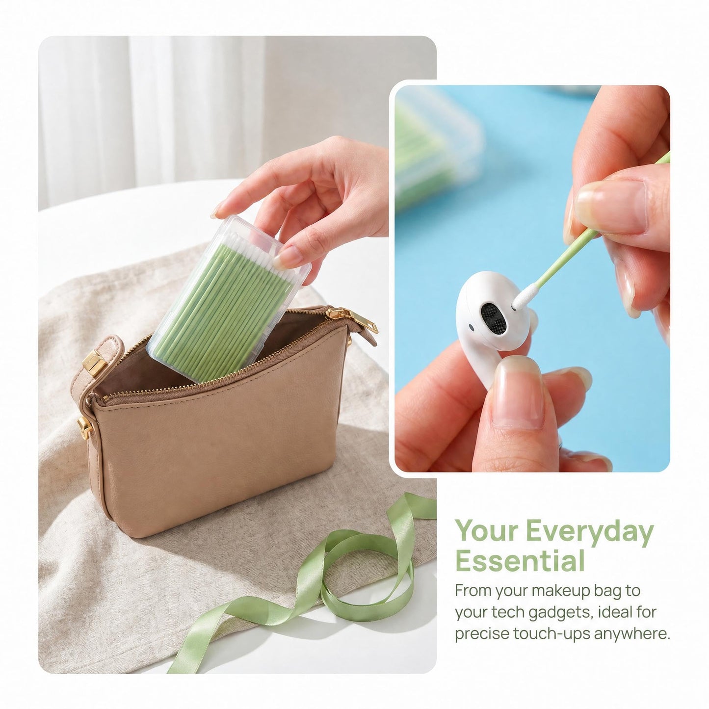 Green Micro Swabs, Disposable Cotton Micro Applicators, Fine Tip Micro Brushes for Eyelash Extensions, Makeup Removal, Nail Art, and Cleaning, Portable Box