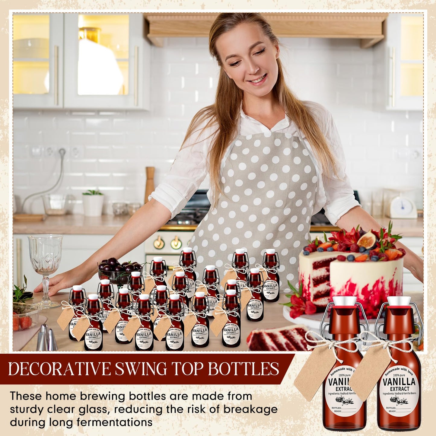 Vesici 8 Sets Swing Top Glass Bottles Set Amber Homemade Vanilla Extract Bottles Vanilla Extract Jars for Christmas DIY Crafts (8 Oz)