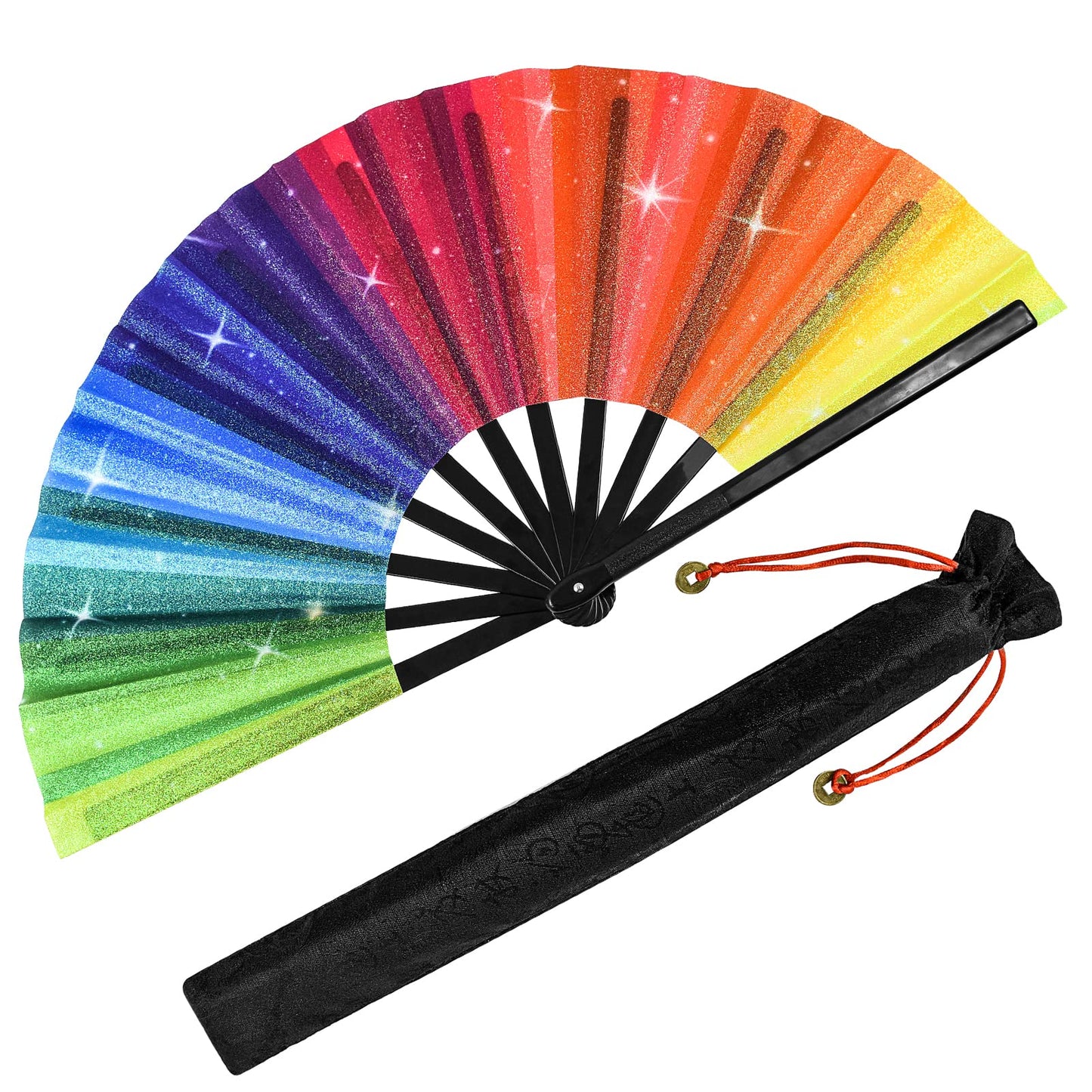 Large Rainbow Hand Fan Rave Clack Folding Fan Handheld Holographic Glitter Festival Foldable Silk Fan with Fabric Case for Men Women Gift Line Dancing Performance Gay Pride Day Parade Party Cosplay
