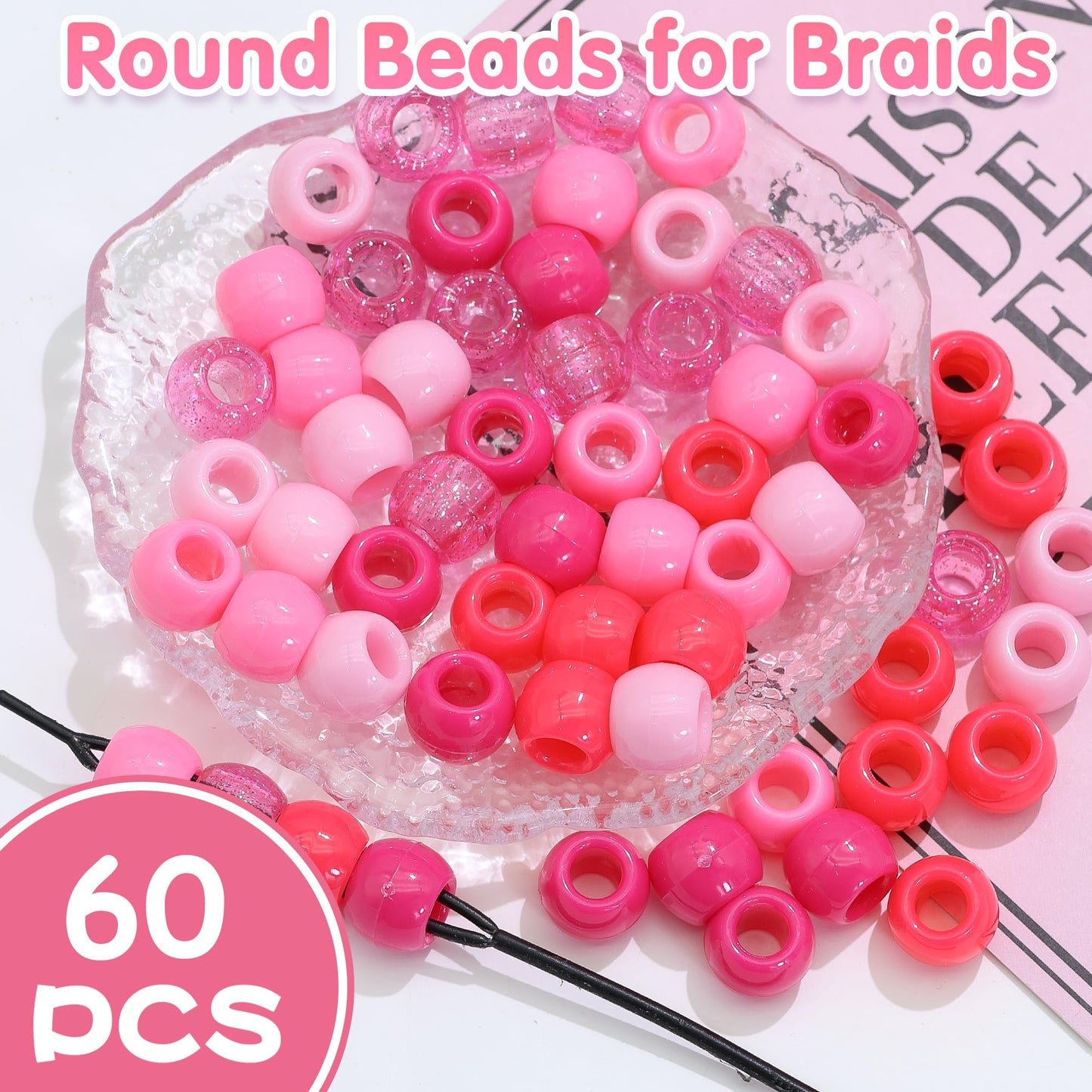 NAISKA 60PCS Pink Hair Beads Large Hole Bead for Hair 5 Colors Acrylic Round Dreadlock Beads Gradient Pink Braids Accessories for Kids Girls