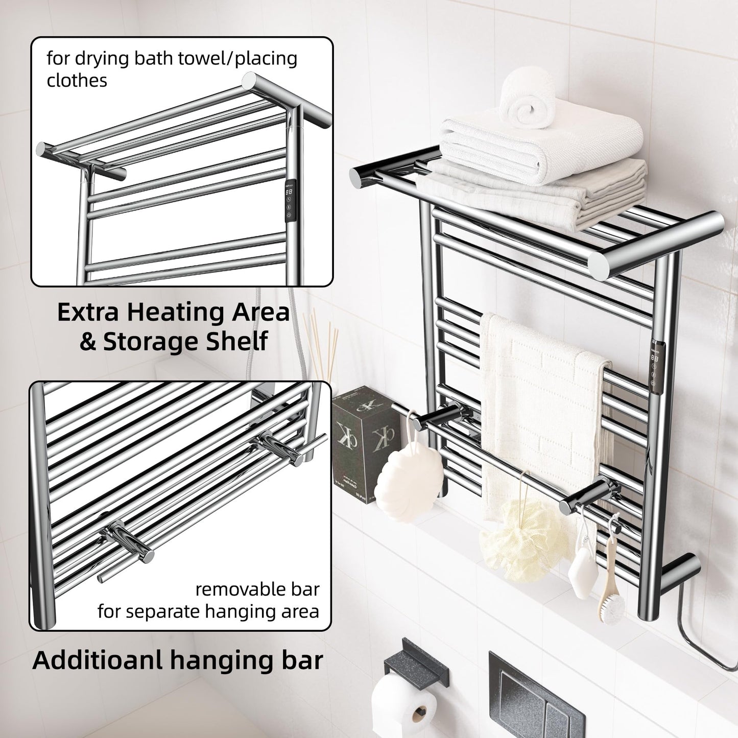 P&Dlusir E201T Heated Towel Rack with Top Shelf, Polished