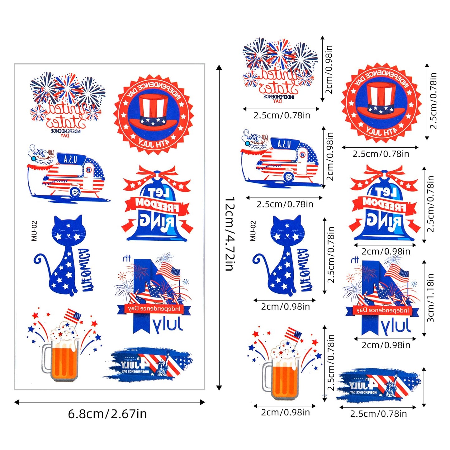 toututu 100PCS 4th of July Temporary Tattoos, Fourth of July America Flag Red White &Blue Face Patriotic Tattoo Stickers,250th Anniversary Party in the USA Memorial Independence Labor Day Accessories