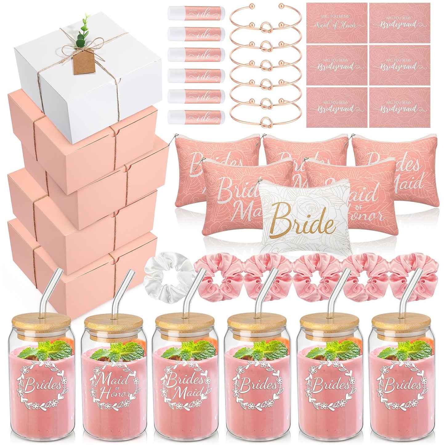 Bridesmaid Proposal Gifts - 54 Pcs Set with Makeup Bag, Glass Cup & Bracelet | Green & White