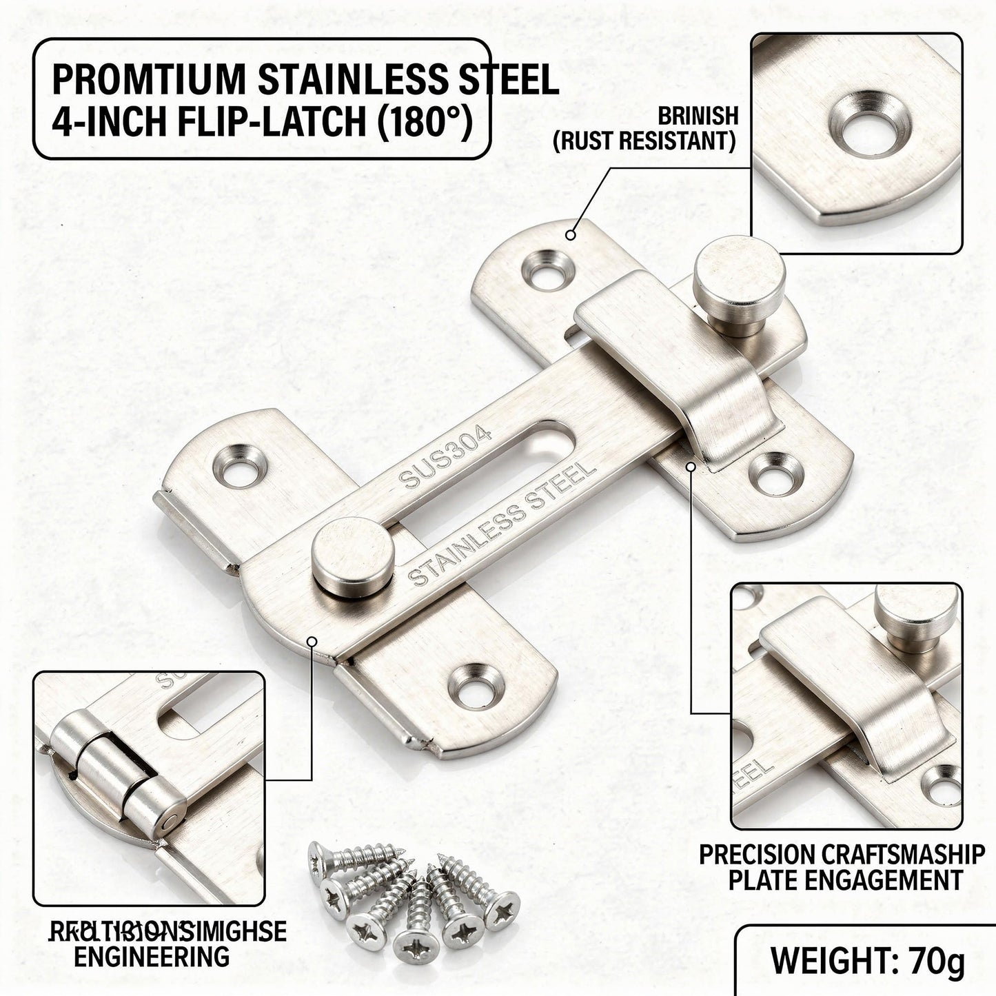 2 Pack Flip Latch Gate Latches, 4 Inch SUS304 Stainless Steel Safety Door Locks for Barn Doors, Wood Fence, Sliding Doors and French Doors, Heavy Duty Gate Hardware,Silver