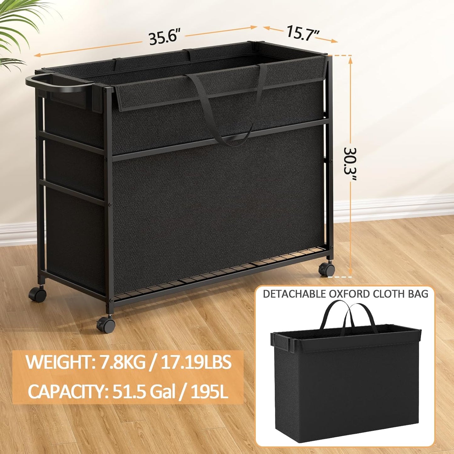 Commercial Trash Can Cart - 51.5 Gallon Lockable Office Trash Bin | Large Capacity Laundry Organizer for Home & Office