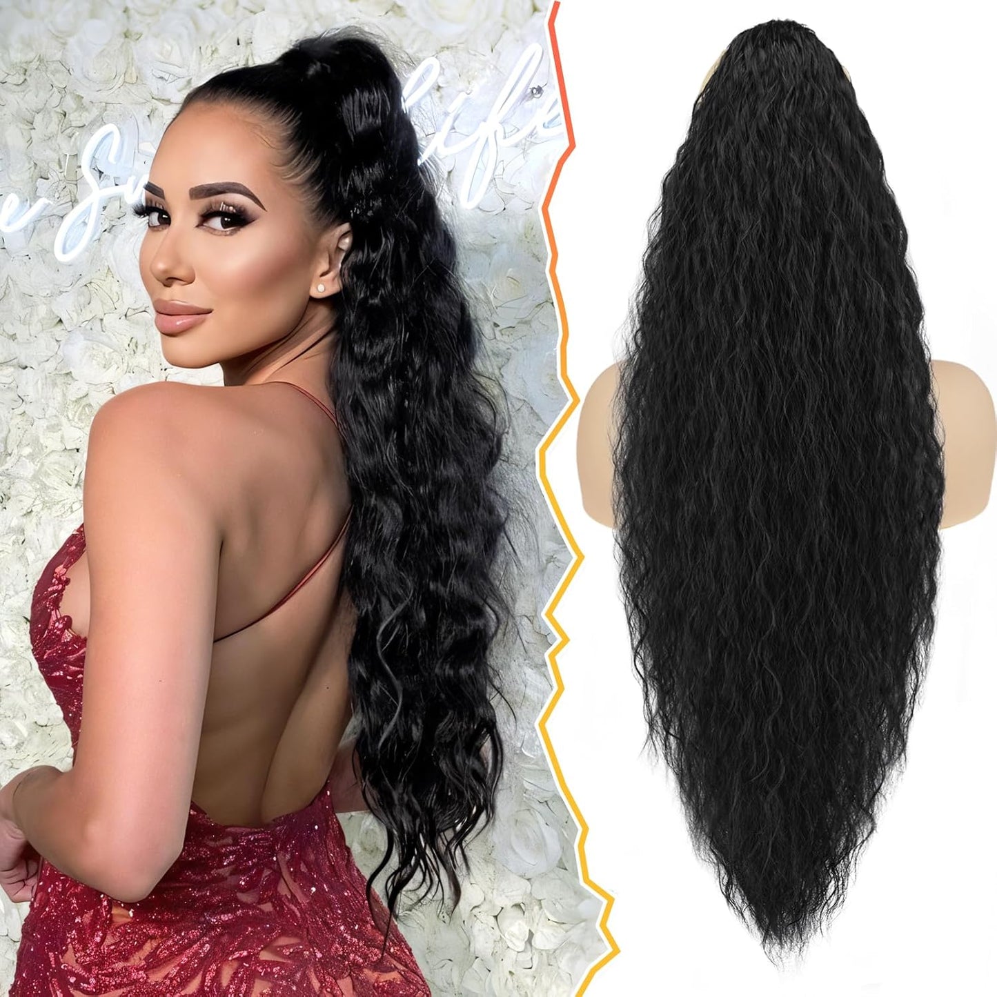 22 Inch Black Curly Wavy Drawstring Ponytail Extension - Synthetic Clip-In Hairpiece for Voluminous Bohemian Style