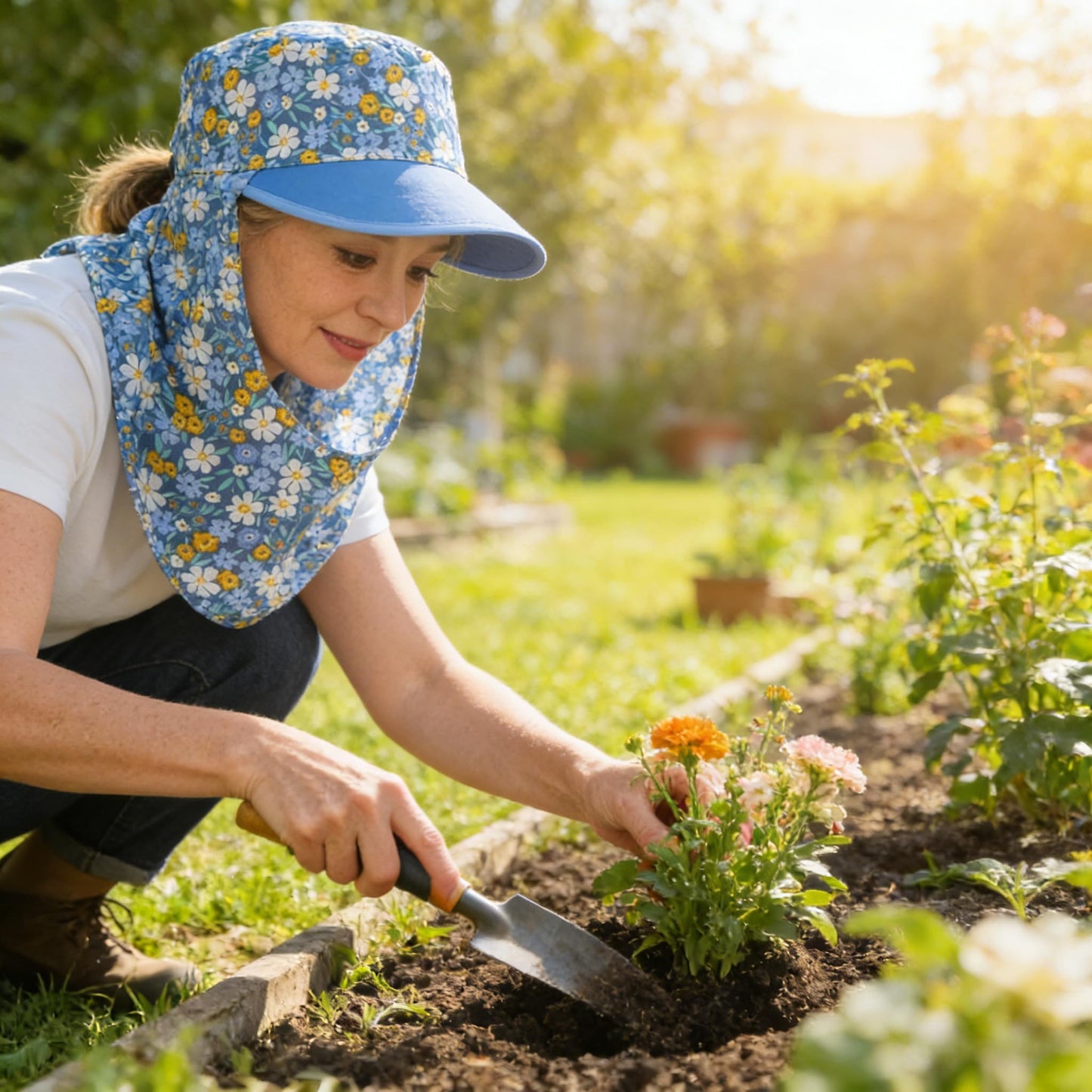 1Pc Women Summer Sun Protection Hat with Face & Neck Cover, Wide Brim Floral Outdoor Hat for Gardening Fishing Cycling, One Size, Blue