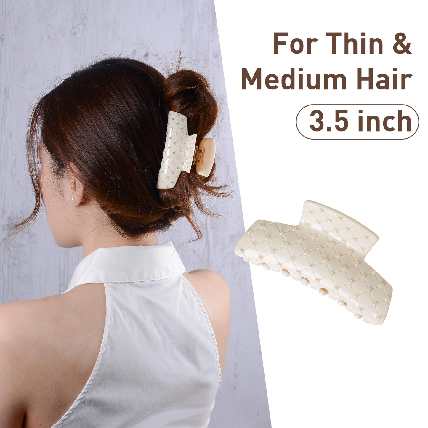 Emma Lily Cream Acetate Rectangle Hair Claw Clip with Pearl Beads - Secure Grip for Thin & Medium Hair, Ideal for Dinner Party Occasions, Gifts for Women