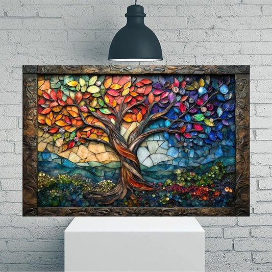 Mosaic Tree of Life Art Vintage Rustic Canvas Wall Art - 12x18in Unframed Poster- Home & Office Decor for Living Room, Bedroom, Kitchen & Cafe