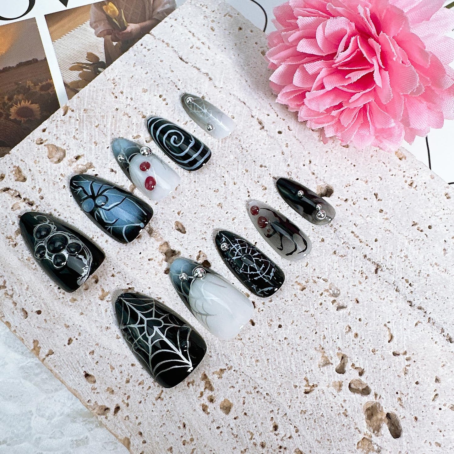 24Pcs Halloween Press on Nails Medium Almond Fake Nails with Steel Balls Design Horror Blood Drip Spider Acrylic Nails Spider Web False Nail Tips 3D Halloween Spider Stick on Nails for Women Nail Art