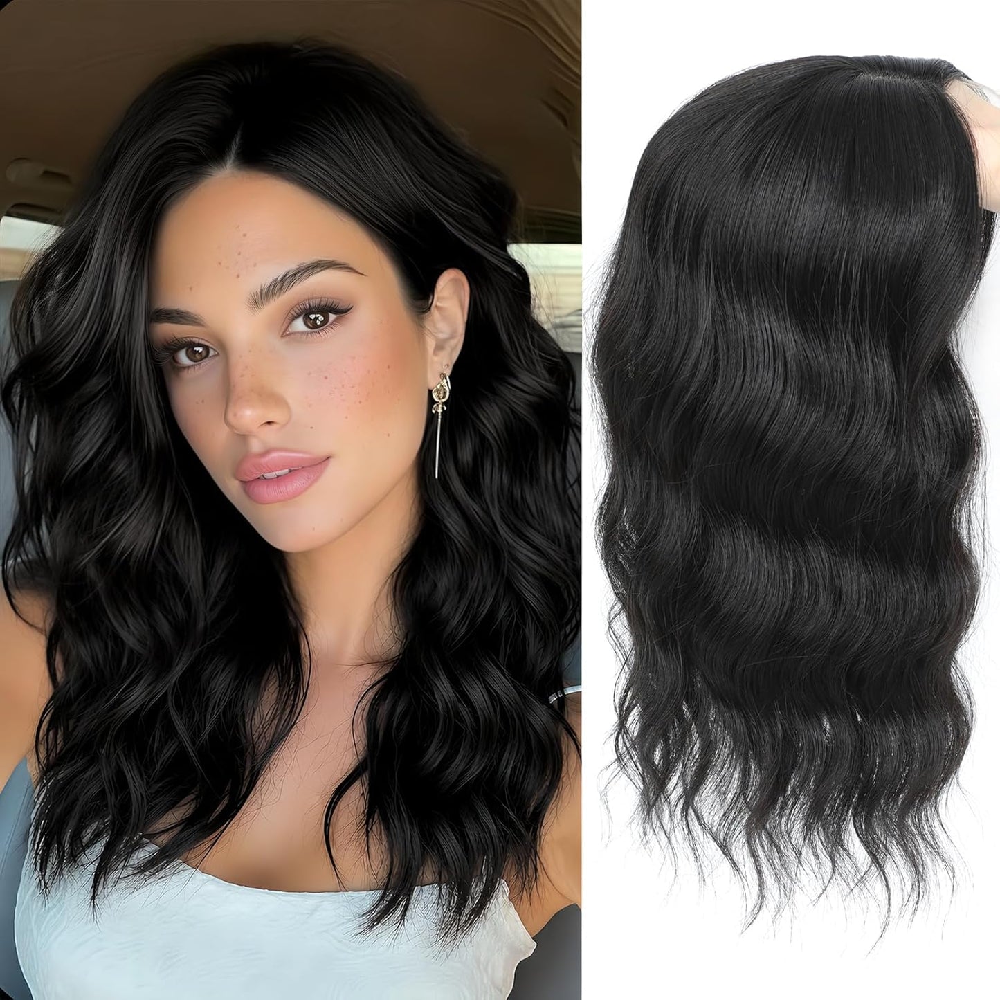 Hair Topper for Women - 16 Inch Synthetic Curly Wavy Clip-In with Curtain Bangs | Natural Looking Dark Brown Volume Piece