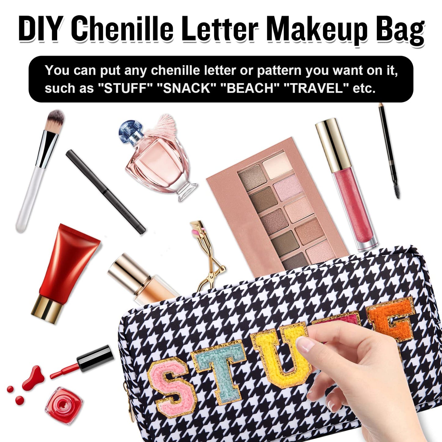 Nylon Small Makeup Bag for Purse, Cute Makeup Pouch Bag Preppy Cosmetic Zipper Pouch Purse, Portable Travel Toiletry Bag Clutch Makeup Brush Bag Organizer Storage for Ladies Girls(Black Houndstooth)