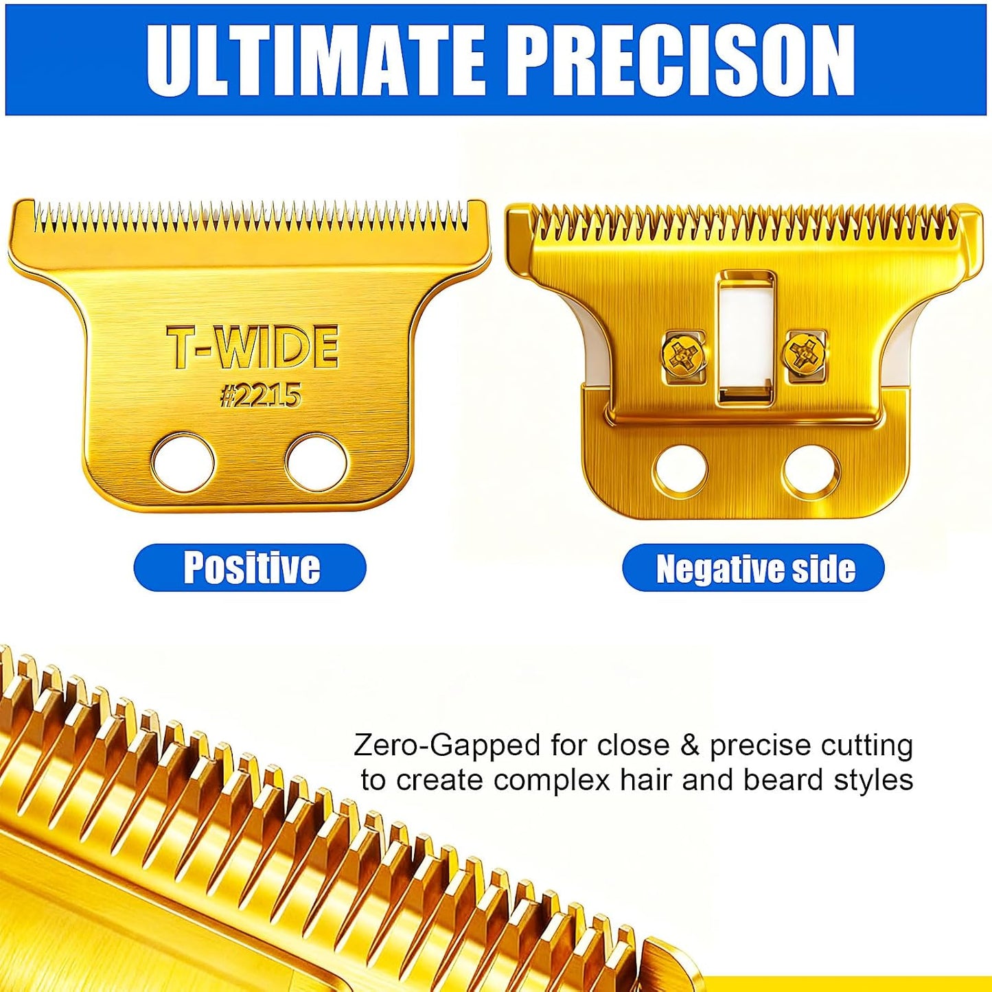 Replacement T Wide Blades for Wahl 5 Star Detailer Li Trimmer - Adjustable Stainless Steel Zero-Gap Blade | 1PC Gold