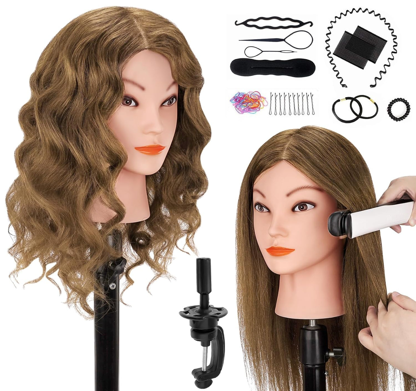Beauty Star Mannequin Head - 18-Inch Real Human Hair Styling Head for Braiding & Cosmetology Training | Dark Brown Hair, Blue Eyes