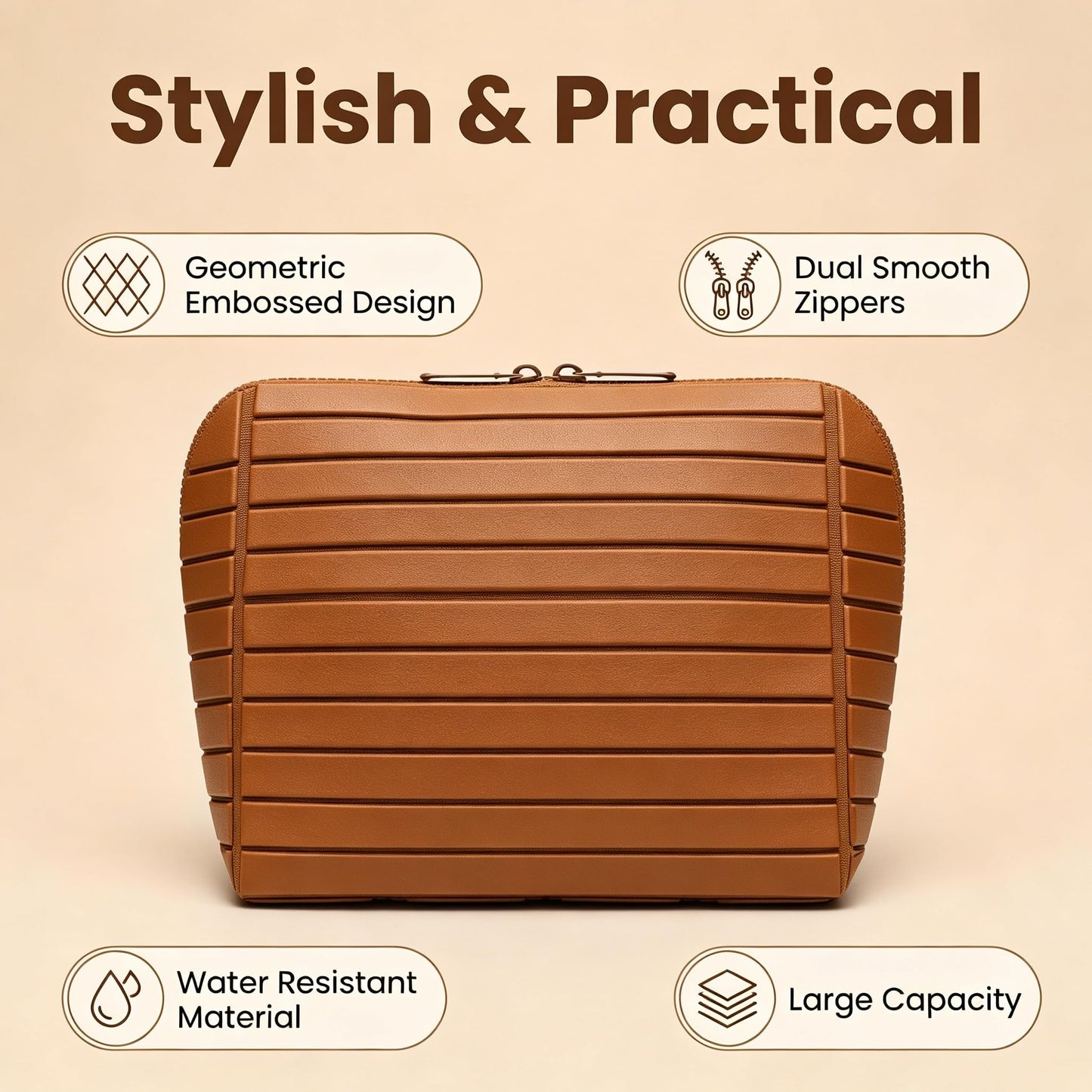 Parallel Traveler Makeup Bag,Fold Down Cosmetic Bag with Brush Organizer,Large Capacity Travel Makeup Case,Water-Resistant PU Leather Toiletry Bag for Women,Portable Makeup Organizer Bag for Travel