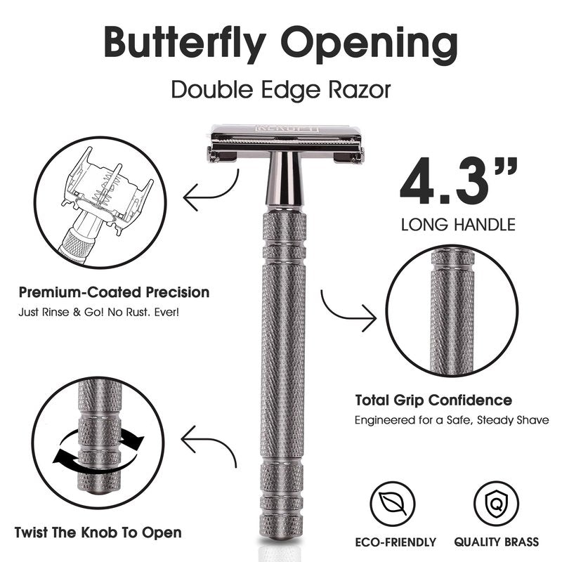Double Edge Safety Razor for Men with 10 Double Edge Safety Razor Blades, Single Blade Butterfly Razor - Men Metal Razor for Shaving, Traditional One Blade Razor Kit - Gloss Black