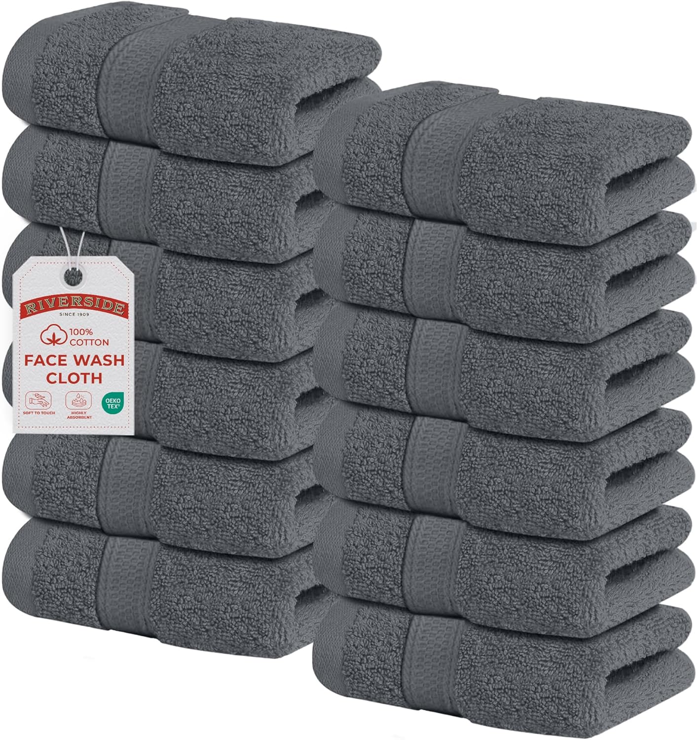 Riverside 12-Pack 100% Cotton Hunter Green Face Towels - Super Soft, Absorbent Washcloths for Bathroom, Spa & Gym | 12x12 Inches