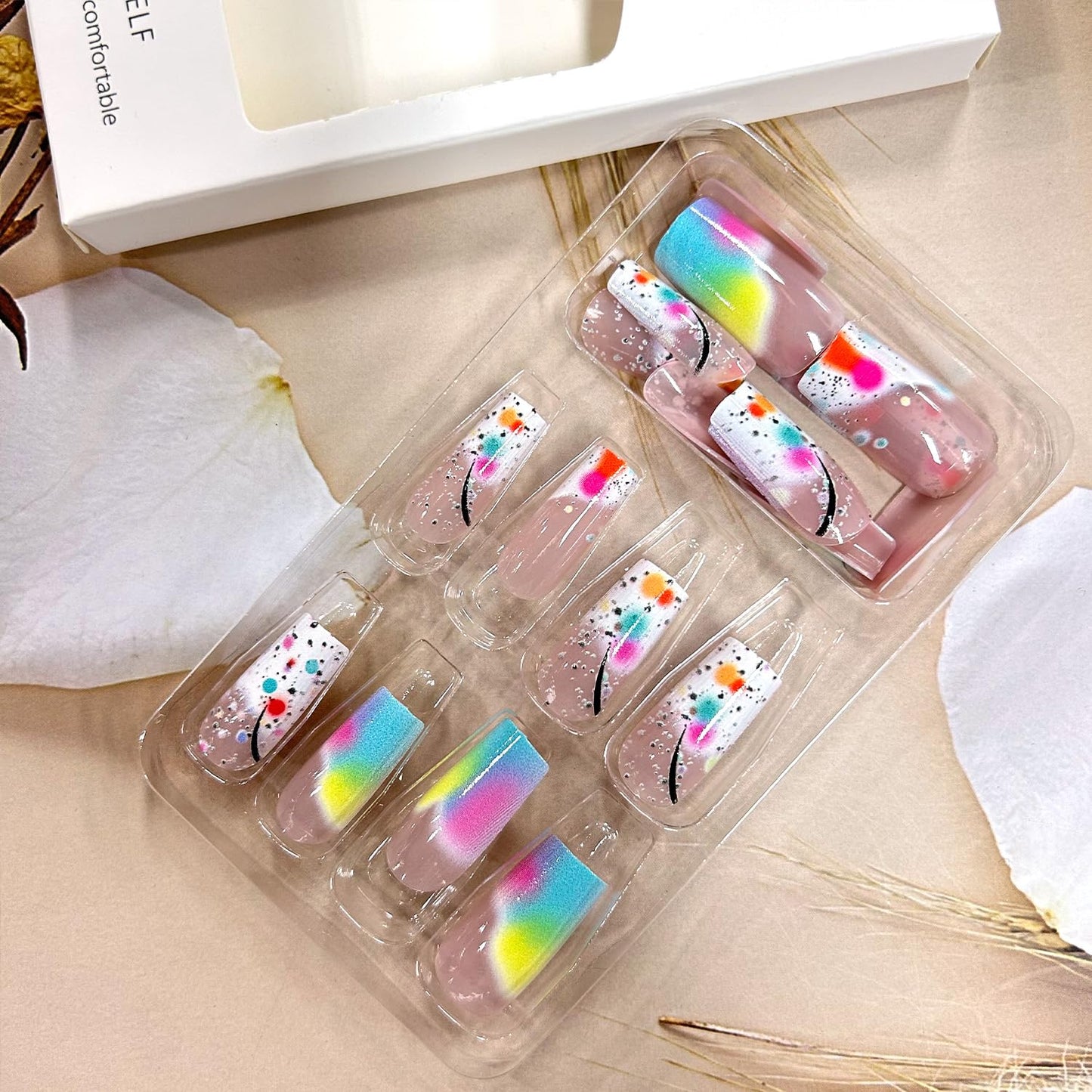 Press On Nails - Medium Length Square Colorful Gradient Acrylic Coffin Nails | 24 Pcs Full Cover Set for Women