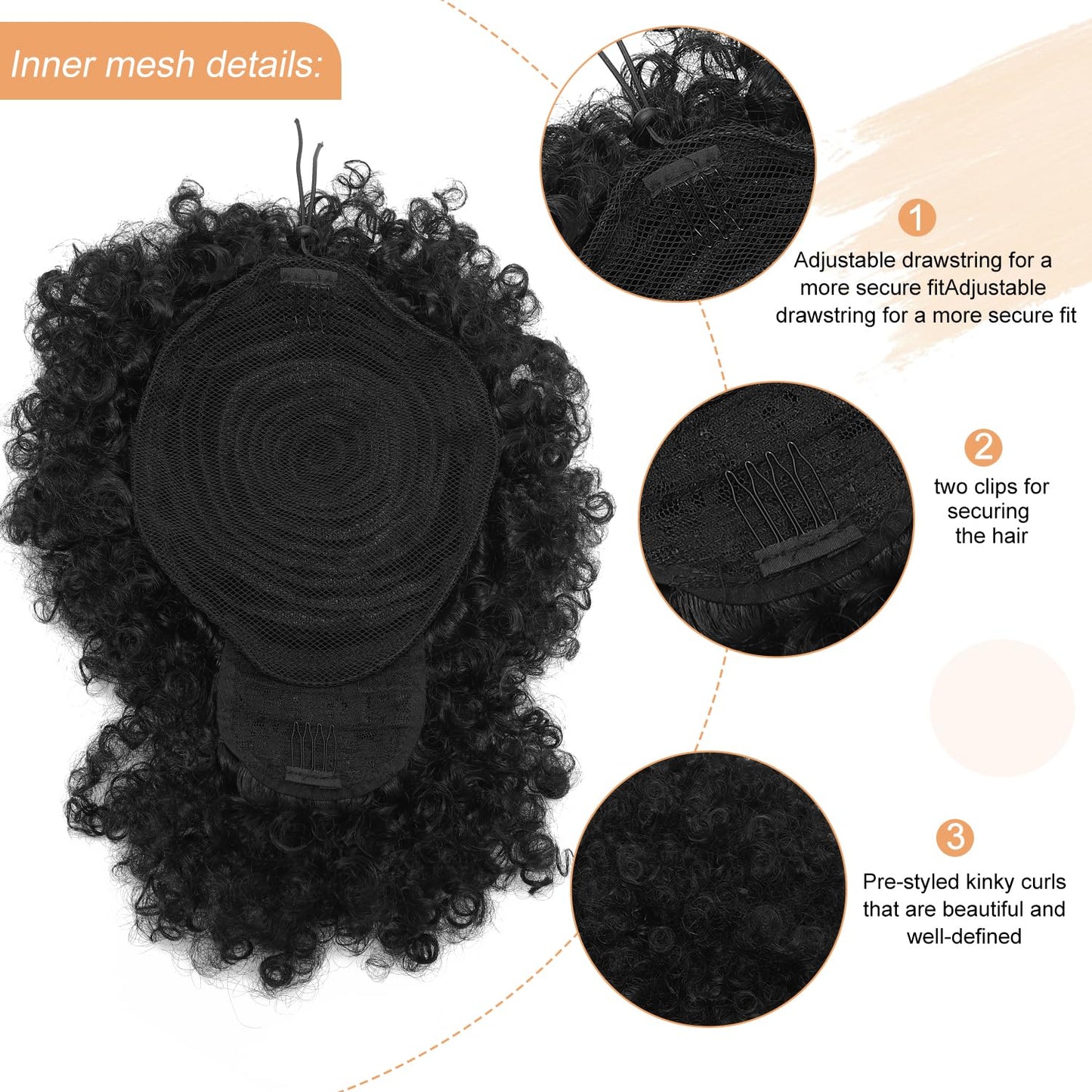 Afro Puff Drawstring Ponytail - Kinky Curly Synthetic Hair Extension for Black Women | Fluffy Natural Black Updo 1B