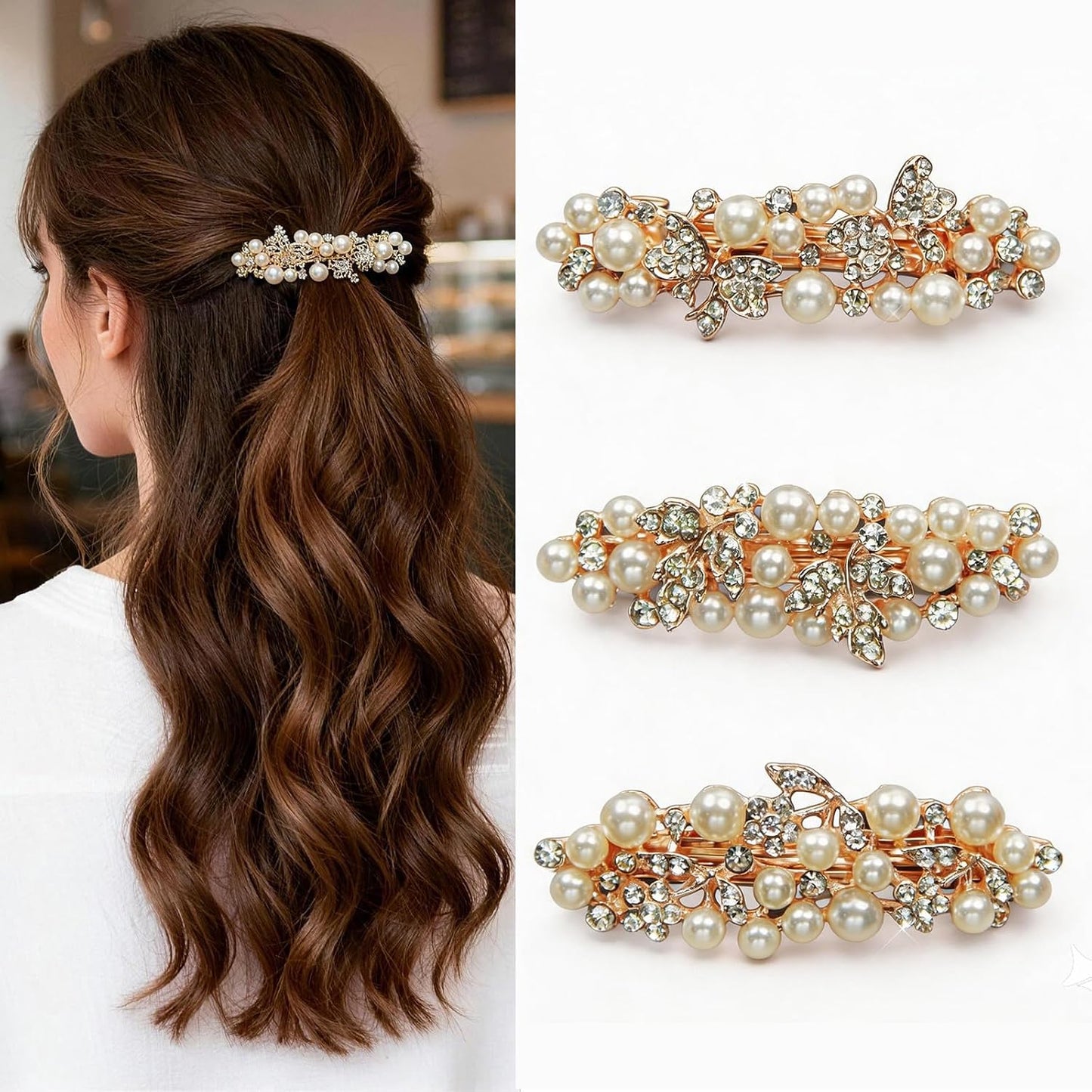 Rose Gold Pearl Hair Clips - Decorative Rhinestone Barrettes for Women | Fancy Hair Accessories for Thick & Thin Hair