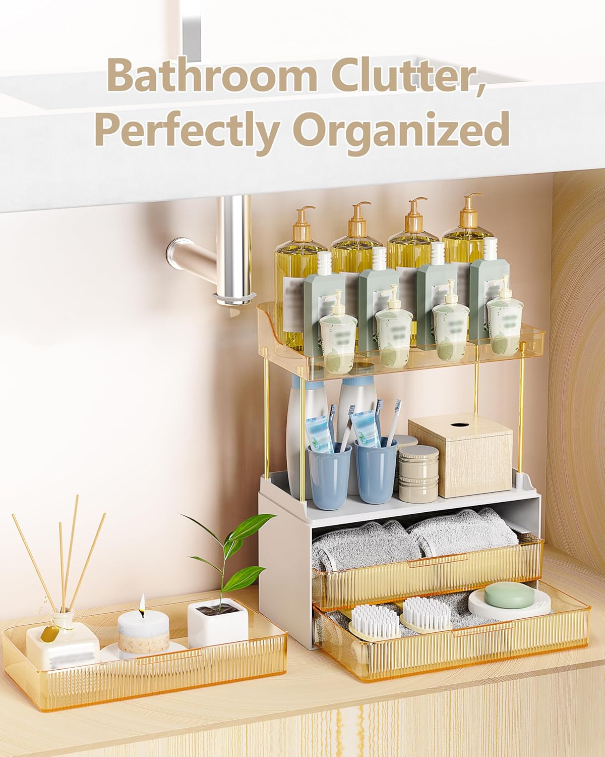 Bathroom Organizer - Sturdy Makeup Storage for Vanity & Countertop | Gold Cosmetic Dresser Organizer