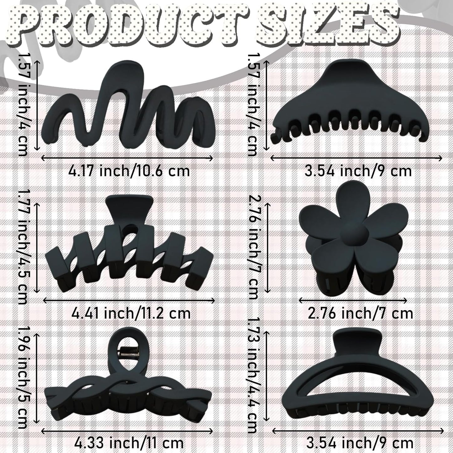 Claw Clips for Women - 12 Pcs Non-Slip Large Jaw Hair Clips | Multi-Shape Black Accessories for Thick & Curly Hair