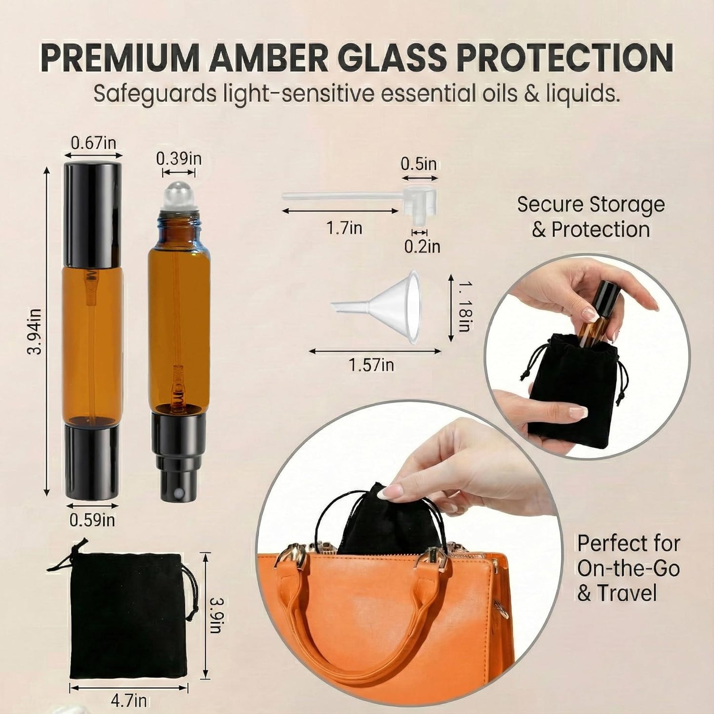 Travel Perfume Bottle Set - 4PCS Refillable Glass Atomizers with Dual-Head Spray & Roller Ball | 10ml Amber & Clear