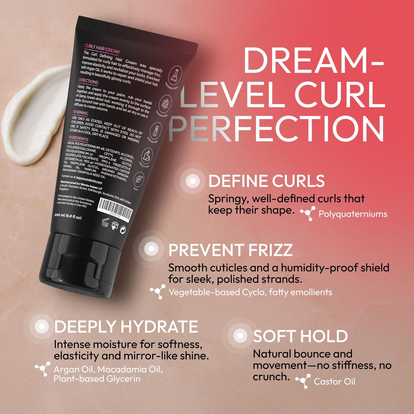 SUNATORIA Curl Cream — Lightweight Anti-Frizz Curl Defining Cream for Curly & Wavy Hair, Hydrating Leave-In Styling with Macadamia, Argan & Castor Oil, Vegan, Crema para Rizos, 6.8 fl oz