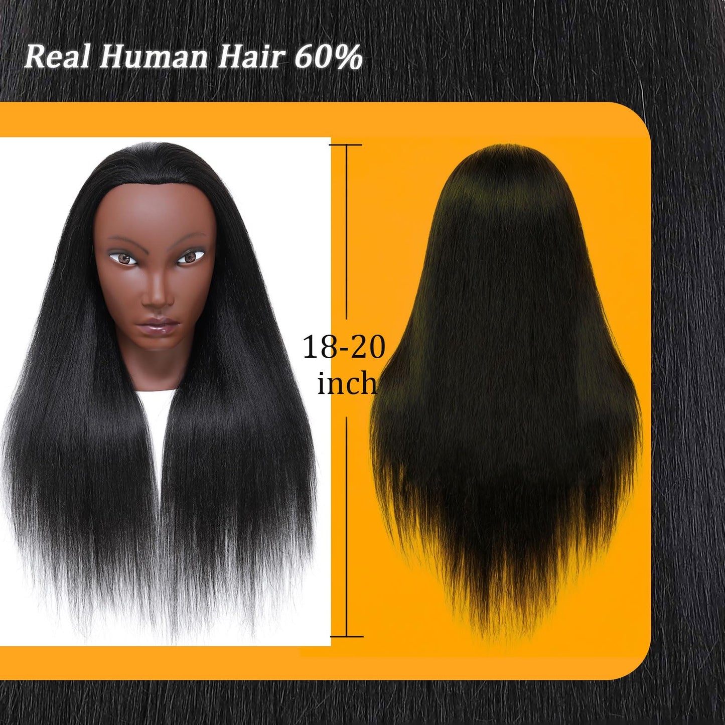 Mannequin Head Human Hair for Cosmetology, Manikin Head with 80% Real Hair for Styling Doll Head Braiding Practice Black Mannequin Heads Hairdresser Hairstylist Girls with Free Clamp Holder