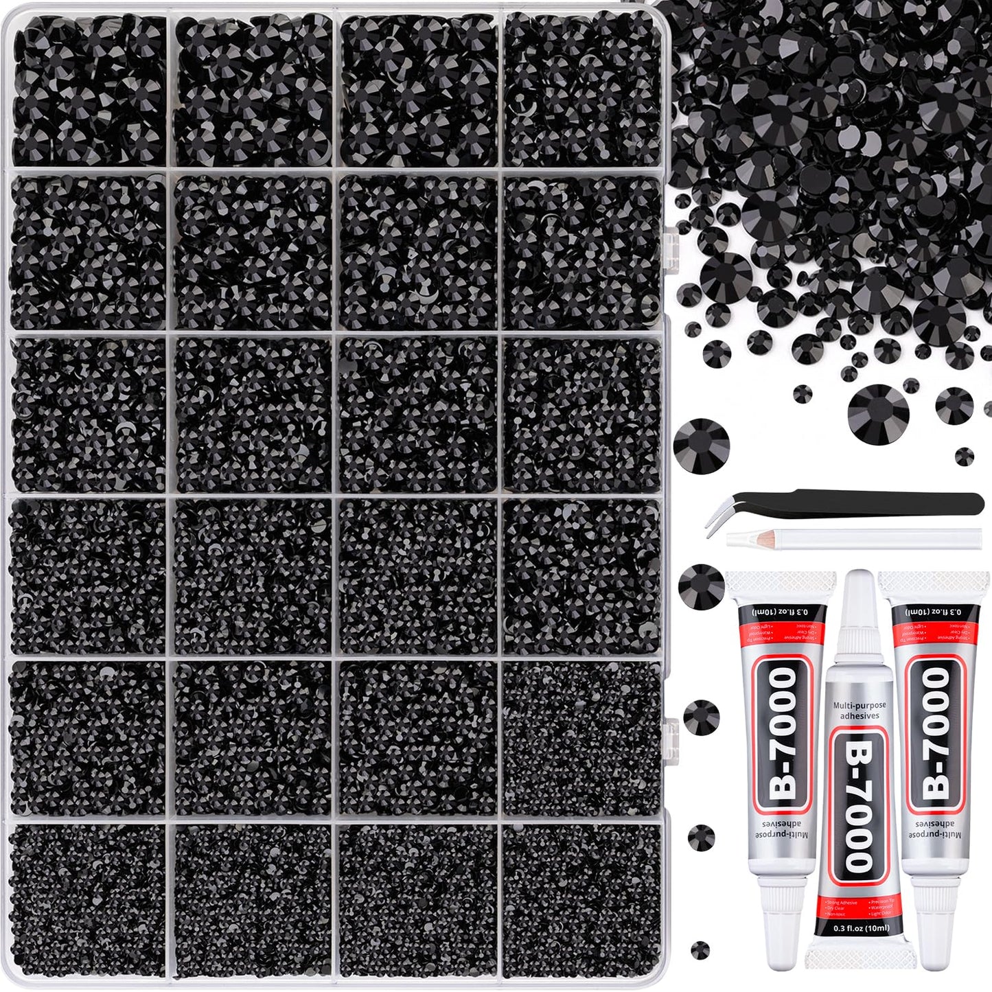 32000 Pcs Black Rhinestones - Flatback Resin Gems for Bedazzling | Jewelry Glue & Tweezers Included