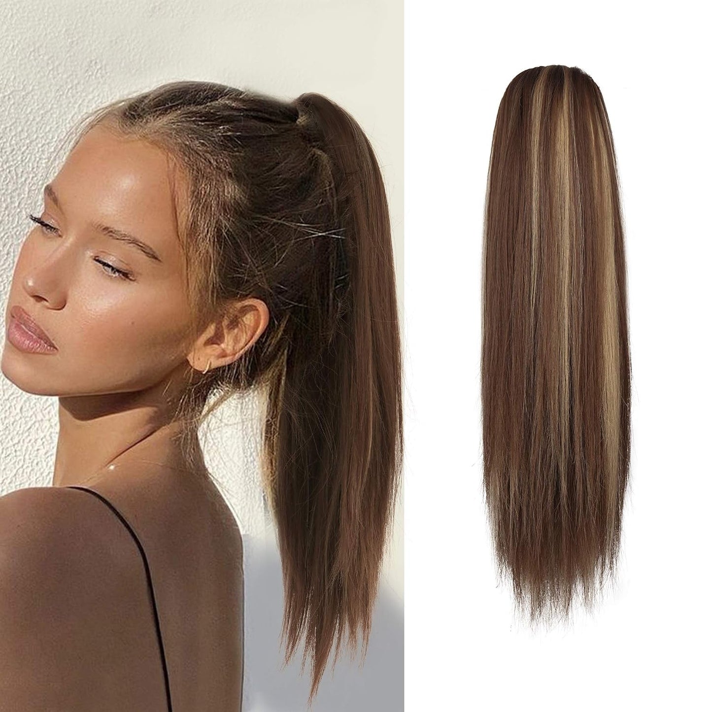 Long Straight Ponytail Extension - 26 Inch Brown Synthetic Clip-In Hairpiece for Women | Light Brown Mixed