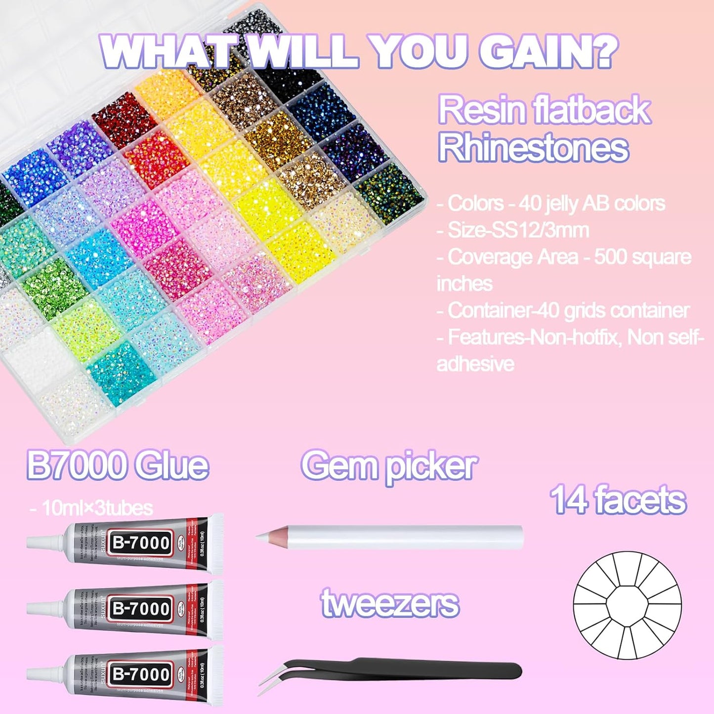 Multicolor Flat Back Rhinestones - 50000+ Pcs 3mm Resin Gems for Nail Art | Includes 3Pcs B7000 Jewelry Glue