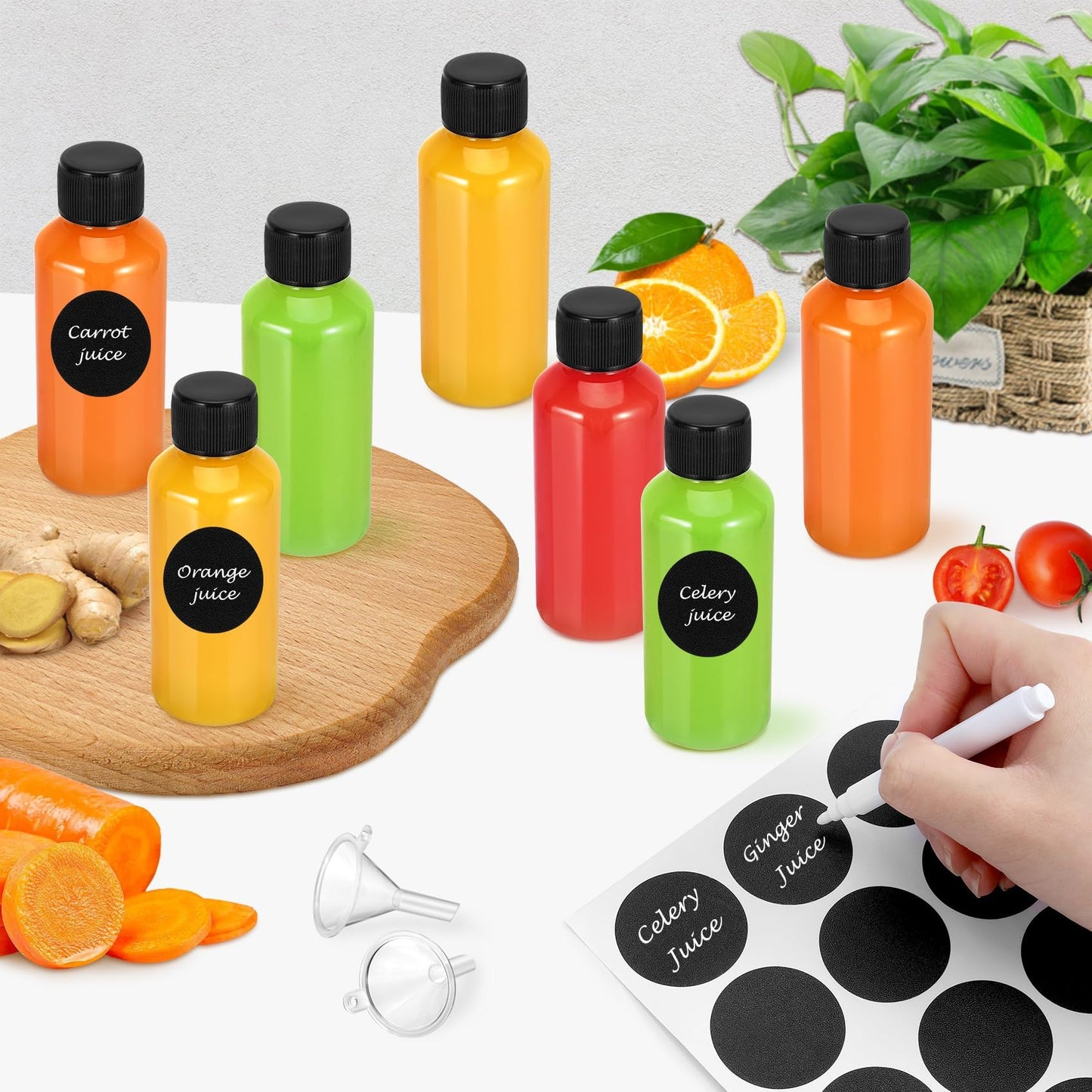 Revahope 16 Pack 2 oz Shot Bottles with Caps, Mini Reusable Plastic Ginger Shots Bottle Leakproof Juice Shot Bottles with Lids for Juice, Oil and Liquid Samples, Small Containers for DIY, Travel