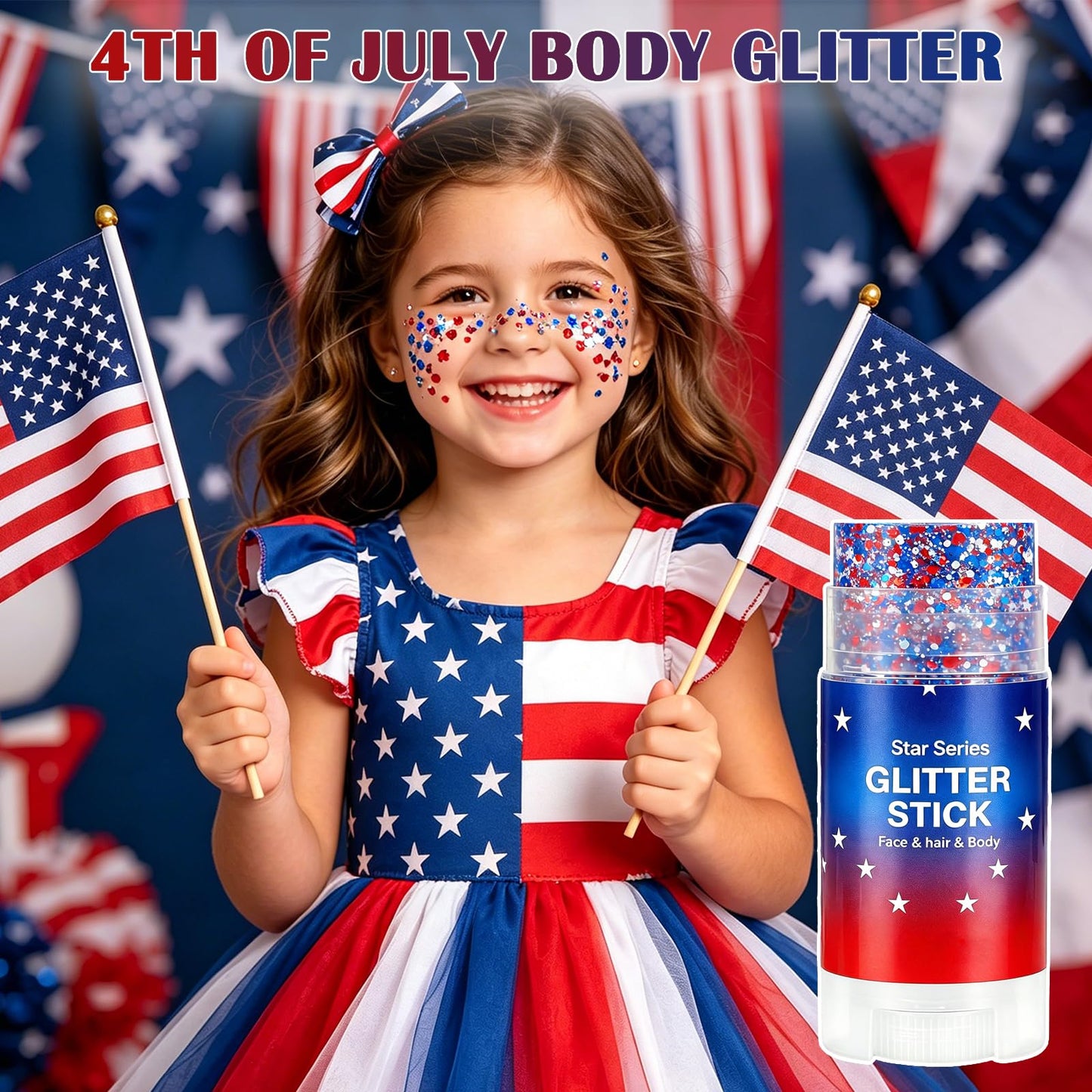 Patriotic 4th of July Body Glitter Stick, Hair Glitter for Kids, Red White and Blue Star Face Glitter Stick, USA Flag Makeup for 250th Independence Day Accessories, 4th of July Outfits for Women