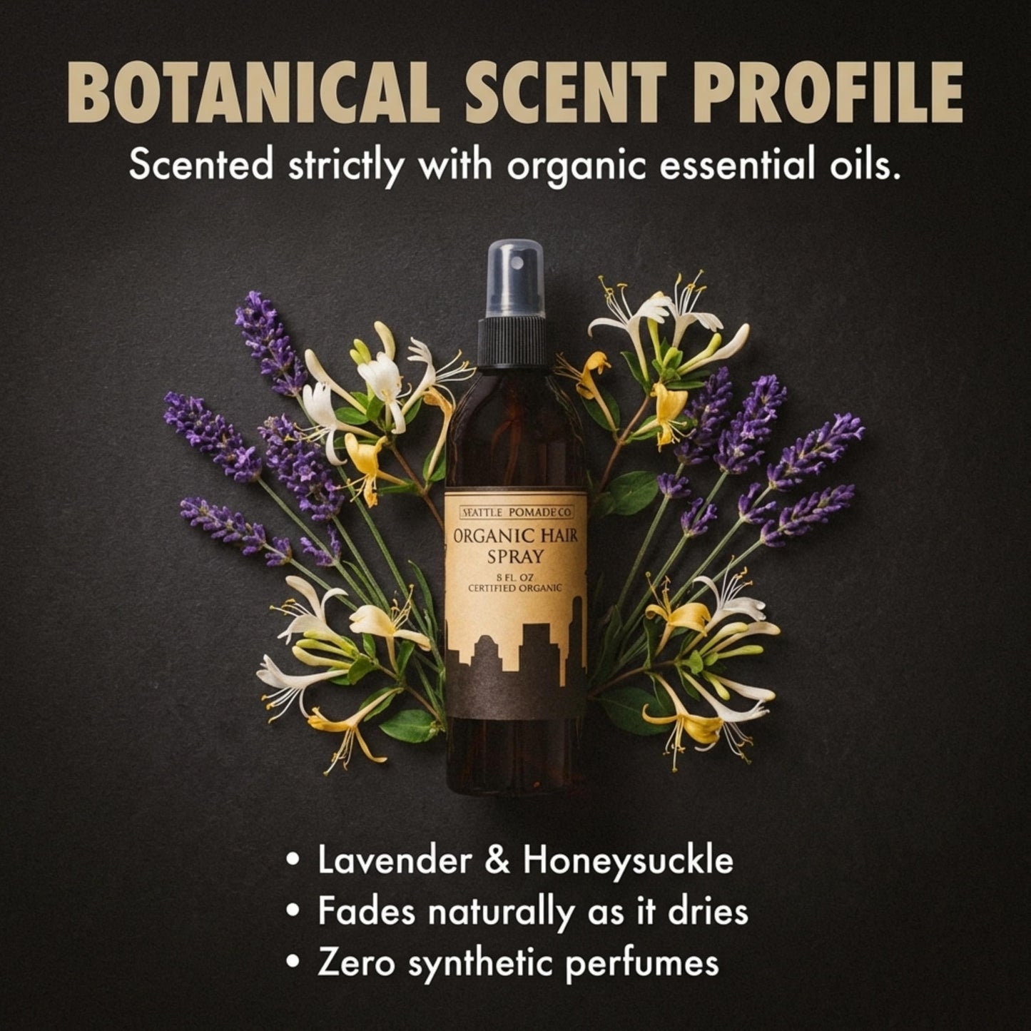 Seattle Pomade Co. Certified Organic Hair Spray made with Organic Aloe and Acacia Fiber. Strengthens & Lightly Holds Hair. Globally sourced certified organic materials.