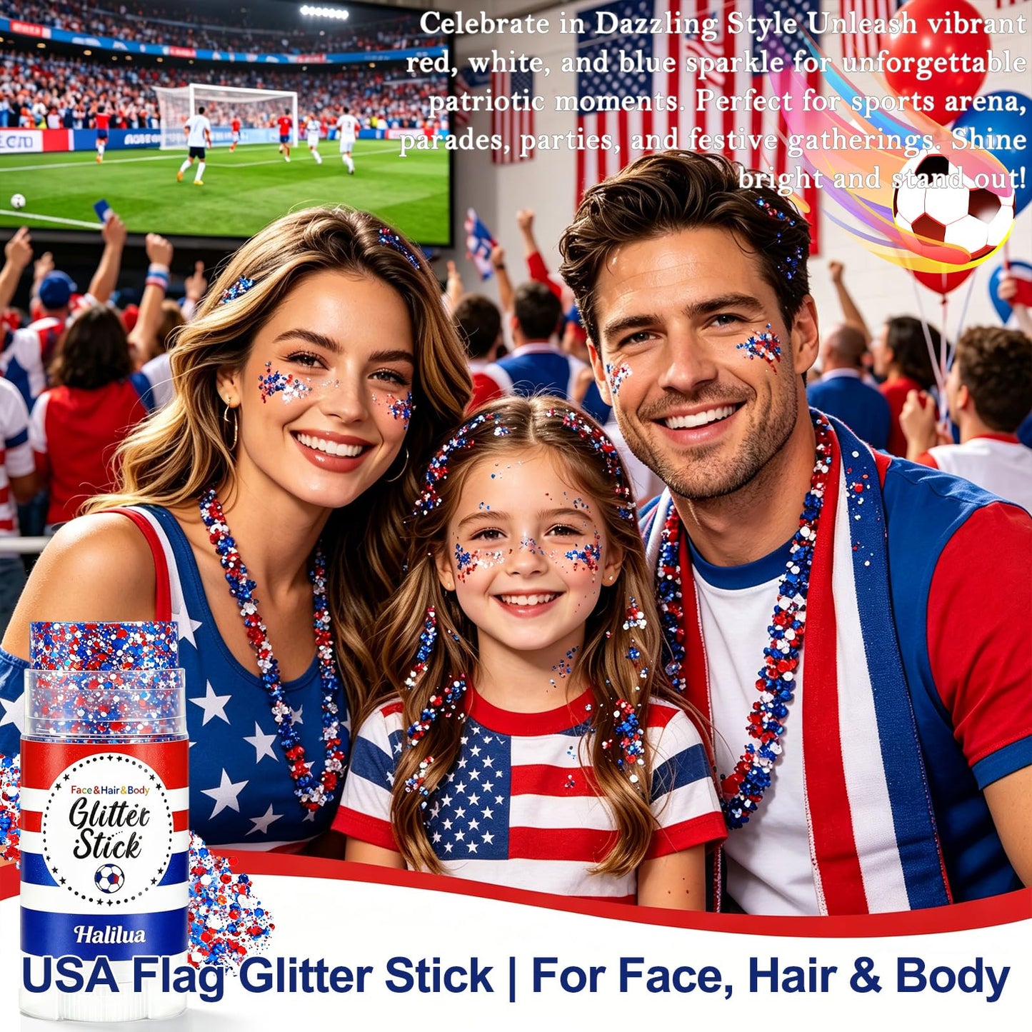 Patriotic 4th of July Body Glitter Stick,Sparkle Red White and Blue Hair Face Glitter for Independence Day 250 Anniversary Party,4th of July Outfits and Decorations for Women Kids, Memorial Day