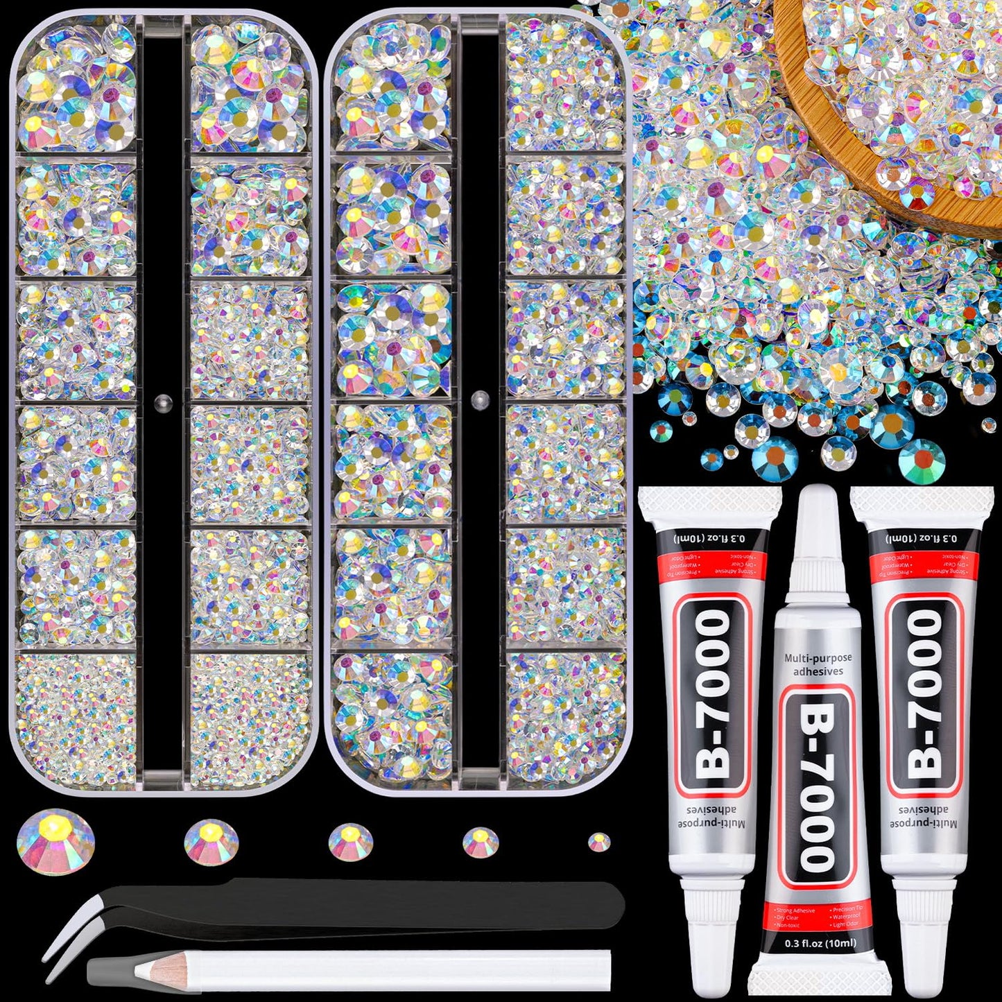 Resin Rhinestones - 32000 Pcs Flatback Gems for Bedazzling | Silver Clear Crystal Kit with 3 Pcs B7000 Glue for Nail Art & Crafts