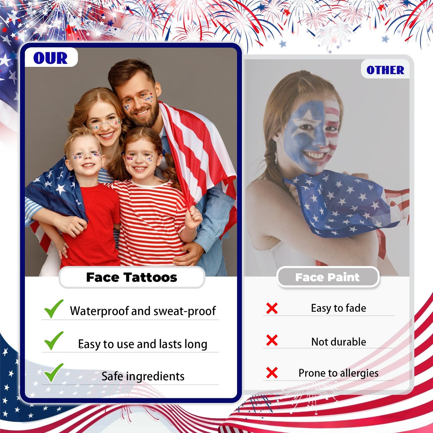 4th of July Glitter Freckles Face Tattoos, 18Pcs Independence Day Temporary Face Tattoos for Women and Girls, Patriotic Red White Blue Makeup Stickers for Memorial Day, Festival Party Decorations